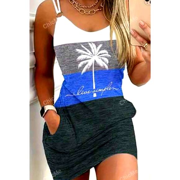 Chicme Dresses & Skirts - babydoll tropical Dress mini Coastal Palm Tree Blue White Nautical Preppy Med